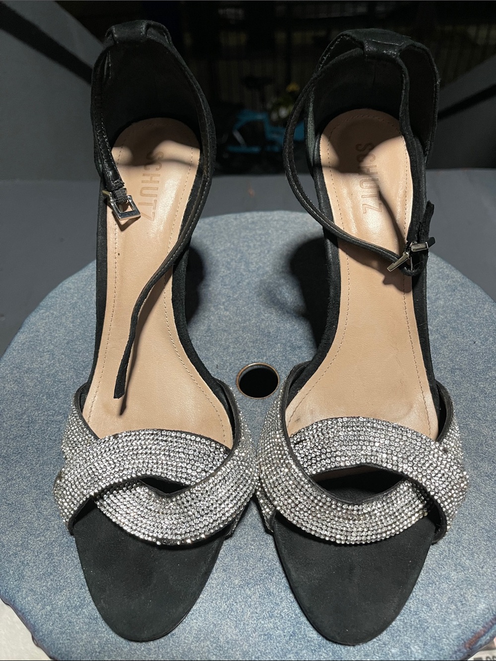 Schutz Black Suede Heels with rhinestones SZ 11
